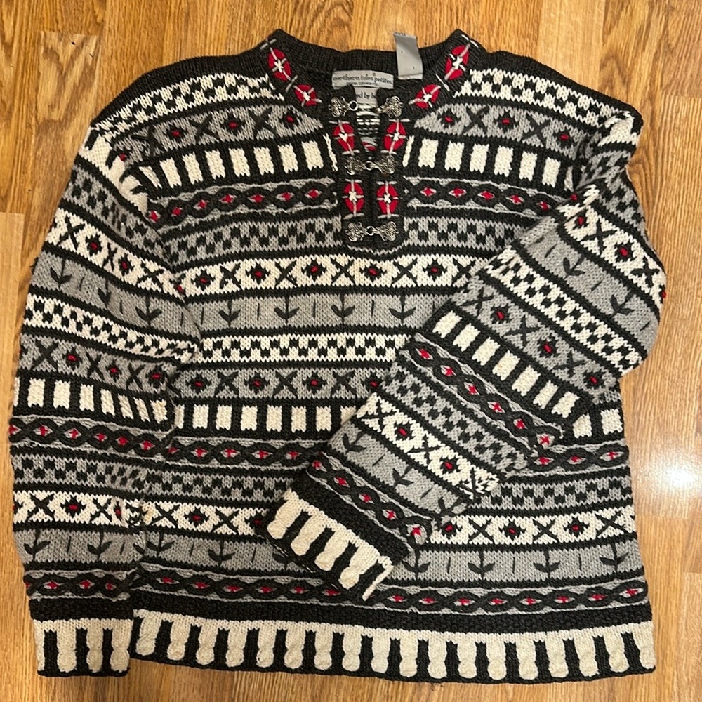 Northern Isles Petite Black, red  and Gray Cardigan with Geometric Patterns.